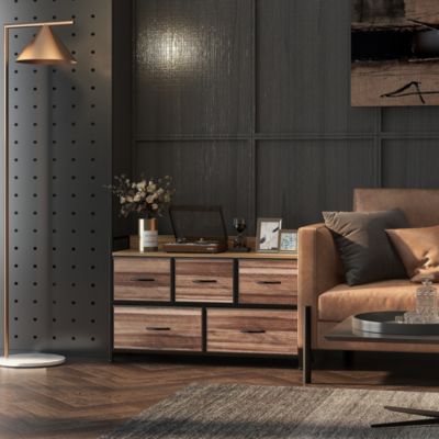 Commode 5 tiroirs et étagère - dim. 98L x 29l x 63H cm - châssis piètement métal noir tiroirs non tissés façades aspect bois