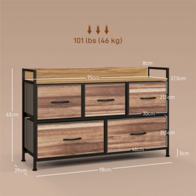 Commode 5 tiroirs et étagère - dim. 98L x 29l x 63H cm - châssis piètement métal noir tiroirs non tissés façades aspect bois