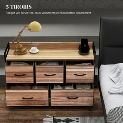 Commode 5 tiroirs et étagère - dim. 98L x 29l x 63H cm - châssis piètement métal noir tiroirs non tissés façades aspect bois