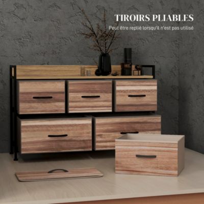 Commode 5 tiroirs et étagère - dim. 98L x 29l x 63H cm - châssis piètement métal noir tiroirs non tissés façades aspect bois