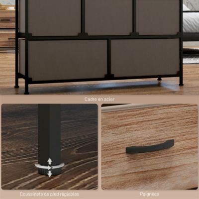 Commode 5 tiroirs et étagère - dim. 98L x 29l x 63H cm - châssis piètement métal noir tiroirs non tissés façades aspect bois