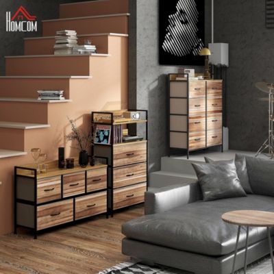 Commode 5 tiroirs et étagère - dim. 98L x 29l x 63H cm - châssis piètement métal noir tiroirs non tissés façades aspect bois