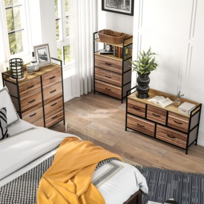 Commode 5 tiroirs et étagère - dim. 98L x 29l x 63H cm - châssis piètement métal noir tiroirs non tissés façades aspect bois