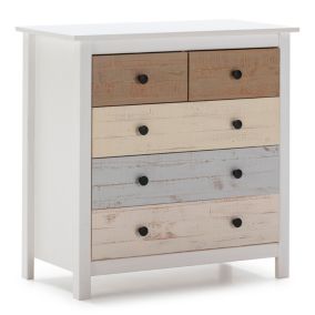 Commode 5 tiroirs Magda dans les tiroirs Blanc et Multicolores, 79 cm Longueur