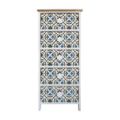 Commode 5 Tiroirs Moderne Bois Clair Blanc Bleu 93x40x30