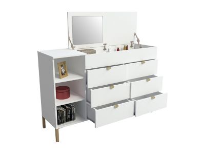 Commode 6 tiroirs, 3 niches et 1 coffre - Avec miroir - Blanc et doré - ONISHA