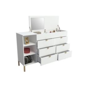 Commode 6 tiroirs, 3 niches et 1 coffre - Avec miroir - Blanc et doré - ONISHA