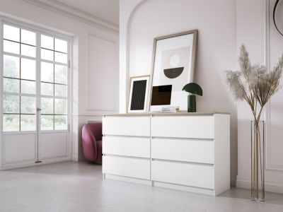 Commode 6 Tiroirs Blanc / Chêne Top, 140 X 39 X 79 Cm