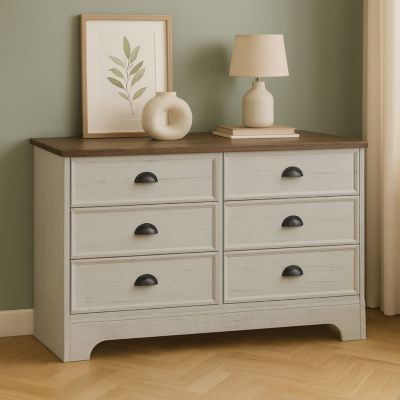 Commode 6 tiroirs blanc et bois 120cm - VALLA