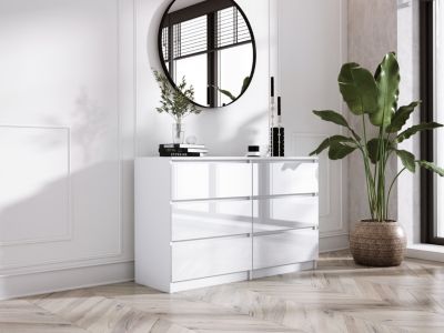 Commode 6 Tiroirs, Blanc Mat / Blanc Brillant, 120 X 39 X 79 Cm
