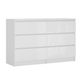 Commode 6 Tiroirs, Blanc Mat / Blanc Brillant, 138 X 39 X 79 Cm