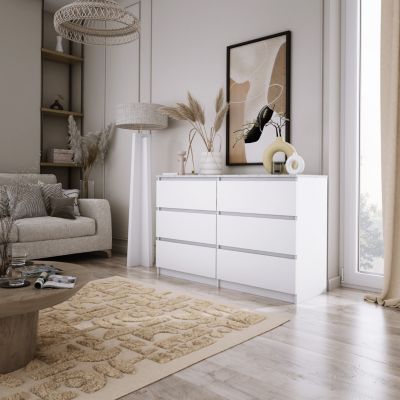 Commode : 6 Tiroirs, Blanc / Mdf Marbre Bianco, 120 X 78,5 X 39 Cm