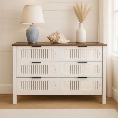 Commode 6 tiroirs blanc rainuré et bois 120cm BRIX