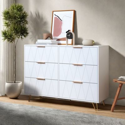 Commode 6 tiroirs blanche avec façades à motif losange en relief, panneaux mélaminés, grande capacité de rangement et robuste