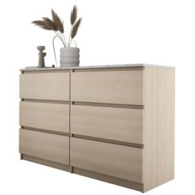 Commode 6 Tiroirs, Chêne Linberg / Mdf Marbre Bianco, 120 X 78,5 X 39 Cm