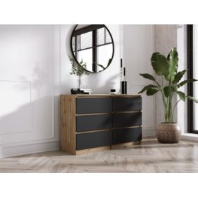 Commode 6 Tiroirs, Chêne Wotan / Noir, 120 X 79 X 39 Cm