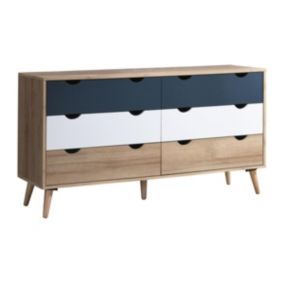 Commode 6 tiroirs - Coloris : Naturel, blanc et bleu marine - LURVIA