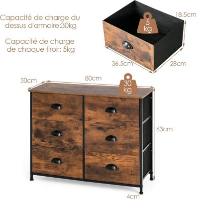 Commode à 6 tiroirs Commode en Tissu Tour de Rangement en Tissu avec 6 tiroirs en Tissu Structure en Acier Robuste