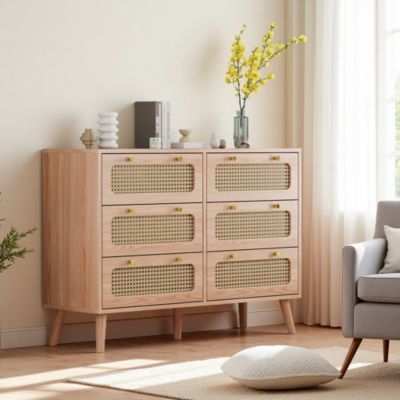 Commode 6 tiroirs couleur bois naturel avec façades en rotin tressé, cadre en bois massif