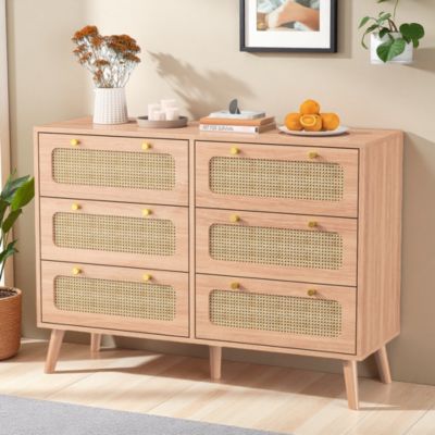 Commode 6 tiroirs couleur bois naturel avec façades en rotin tressé, cadre en bois massif