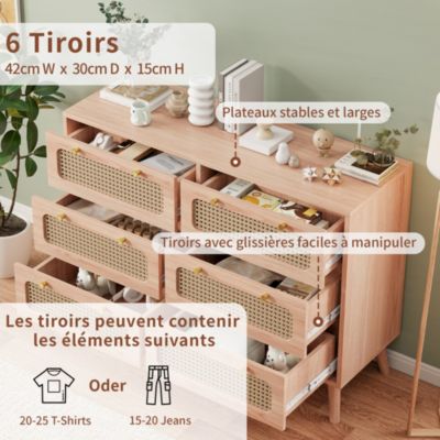 Commode 6 tiroirs couleur bois naturel avec façades en rotin tressé, cadre en bois massif