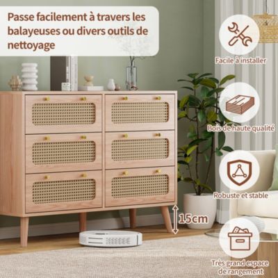 Commode 6 tiroirs couleur bois naturel avec façades en rotin tressé, cadre en bois massif