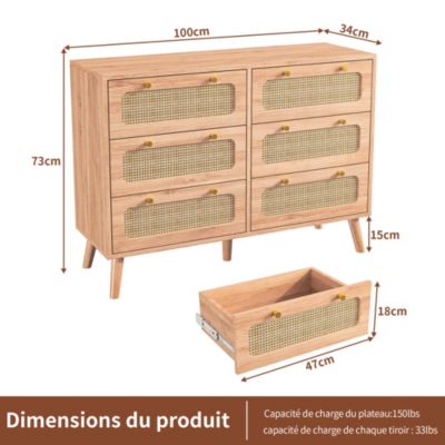 Commode 6 tiroirs couleur bois naturel avec façades en rotin tressé, cadre en bois massif