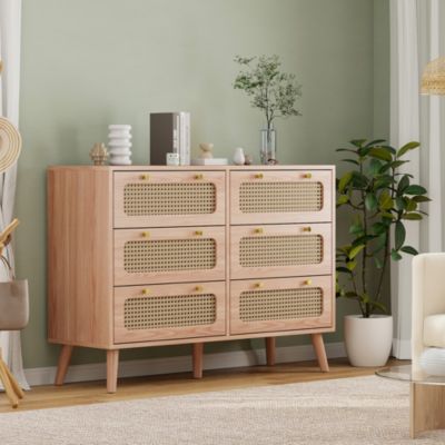 Commode 6 tiroirs couleur bois naturel avec façades en rotin tressé, cadre en bois massif