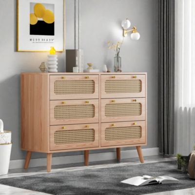 Commode 6 tiroirs couleur bois naturel avec façades en rotin tressé, cadre en bois massif