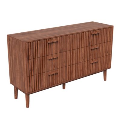 Commode 6 tiroirs couleur noyer, meuble de rangement design moderne à rainures verticales pour salon, entrée ou salle à manger