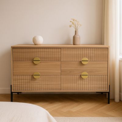 Commode 6 tiroirs décor bois rainuré 124cm VALLO