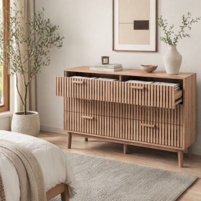 Commode 6 tiroirs en bois naturel, design, grande capacité de rangement, structure robuste et stable pour chambre ou salon