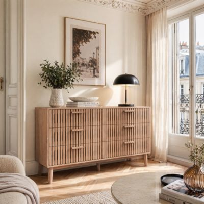 Commode 6 tiroirs en bois naturel, design, grande capacité de rangement, structure robuste et stable pour chambre ou salon