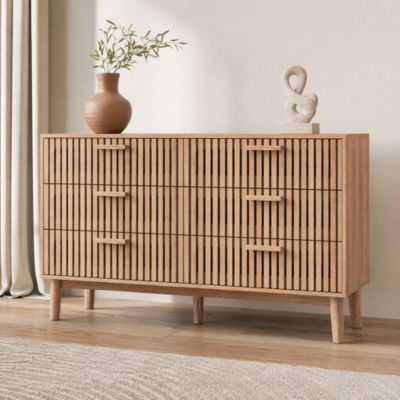 Commode 6 tiroirs en bois naturel, design, grande capacité de rangement, structure robuste et stable pour chambre ou salon