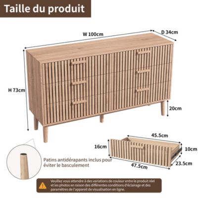 Commode 6 tiroirs en bois naturel, design, grande capacité de rangement, structure robuste et stable pour chambre ou salon