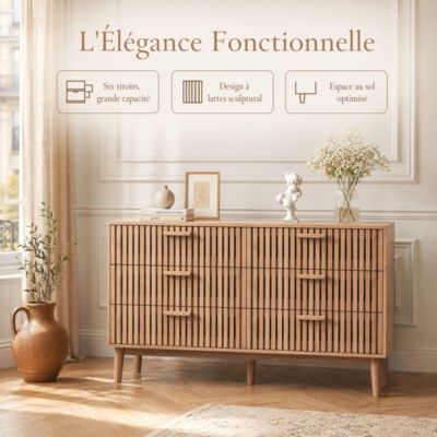 Commode 6 tiroirs en bois naturel, design, grande capacité de rangement, structure robuste et stable pour chambre ou salon