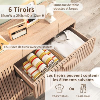 Commode 6 tiroirs en bois naturel, design, grande capacité de rangement, structure robuste et stable pour chambre ou salon
