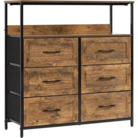 Commode 6 tiroirs en Tissu, Meuble de Rangement pour Cuisine, Bureau, Couloir, Noir et Marron