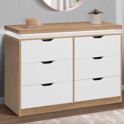Commode 6 tiroirs LUNA à LEDS 115 cm blanc et effet bois