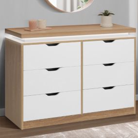 Commode 6 tiroirs LUNA à LEDS 115 cm blanc et effet bois