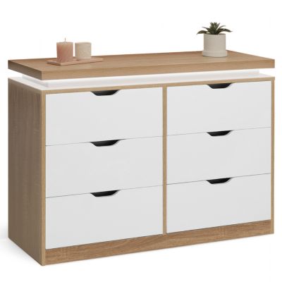 Commode 6 tiroirs LUNA à LEDS 115 cm blanc et effet bois