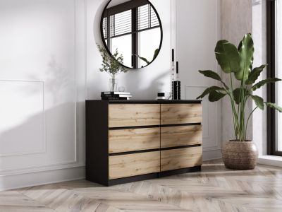 Commode 6 Tiroirs, Noir / Chêne Wotan, 120 X 39 X 78 Cm
