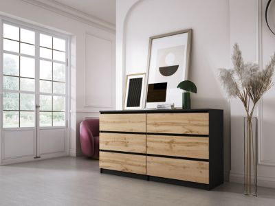 Commode 6 Tiroirs Noir / Wotan Chêne, 140 X 39 X 79 Cm