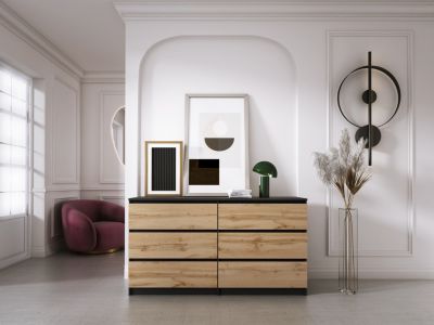 Commode 6 Tiroirs Noir / Wotan Chêne, 140 X 39 X 79 Cm