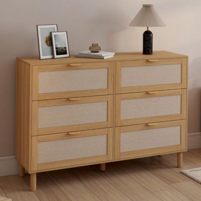 Commode 6 tiroirs ROBIN 115 cm meuble de rangement bois et tissu effet lin