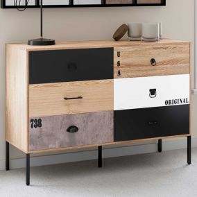 Commode 6 tiroirs SACRAMENTO 115 cm design industriel dépareillé