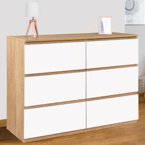 Commode 6 tiroirs TOMI 110 cm bois façon hêtre et blanc