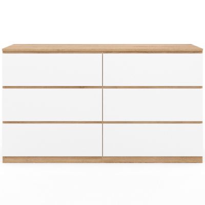 Commode 6 tiroirs TOMI XXL 140 cm bois façon hêtre et blanc