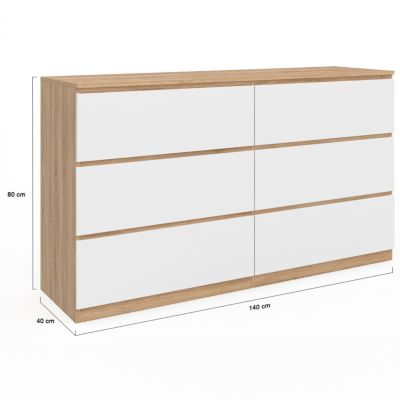 Commode 6 tiroirs TOMI XXL 140 cm bois façon hêtre et blanc