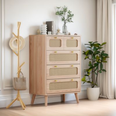 Commode 60 cm avec 5 tiroirs, Commode Chambre en rotin, poignées dorées et pieds en bois, Meuble Tiroir Rangement, Naturel
